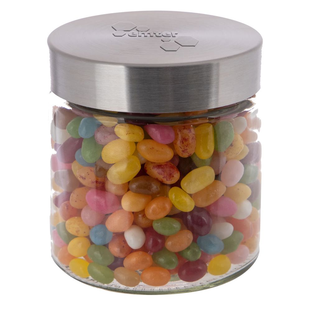 Glazen pot 0,9 liter met embossing, gevuld met snoep