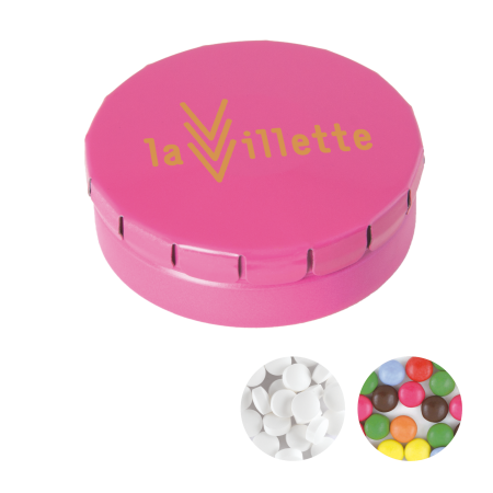 Rond click clack blik (Ø 45 mm) met divers Europees snoep