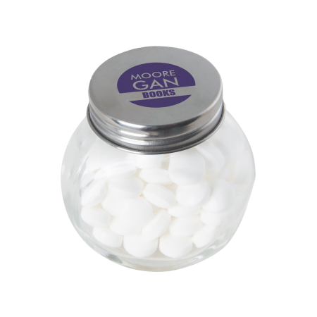 Kleine glazen pot gevuld met ca. 40 gr. mints gekleurd deksel