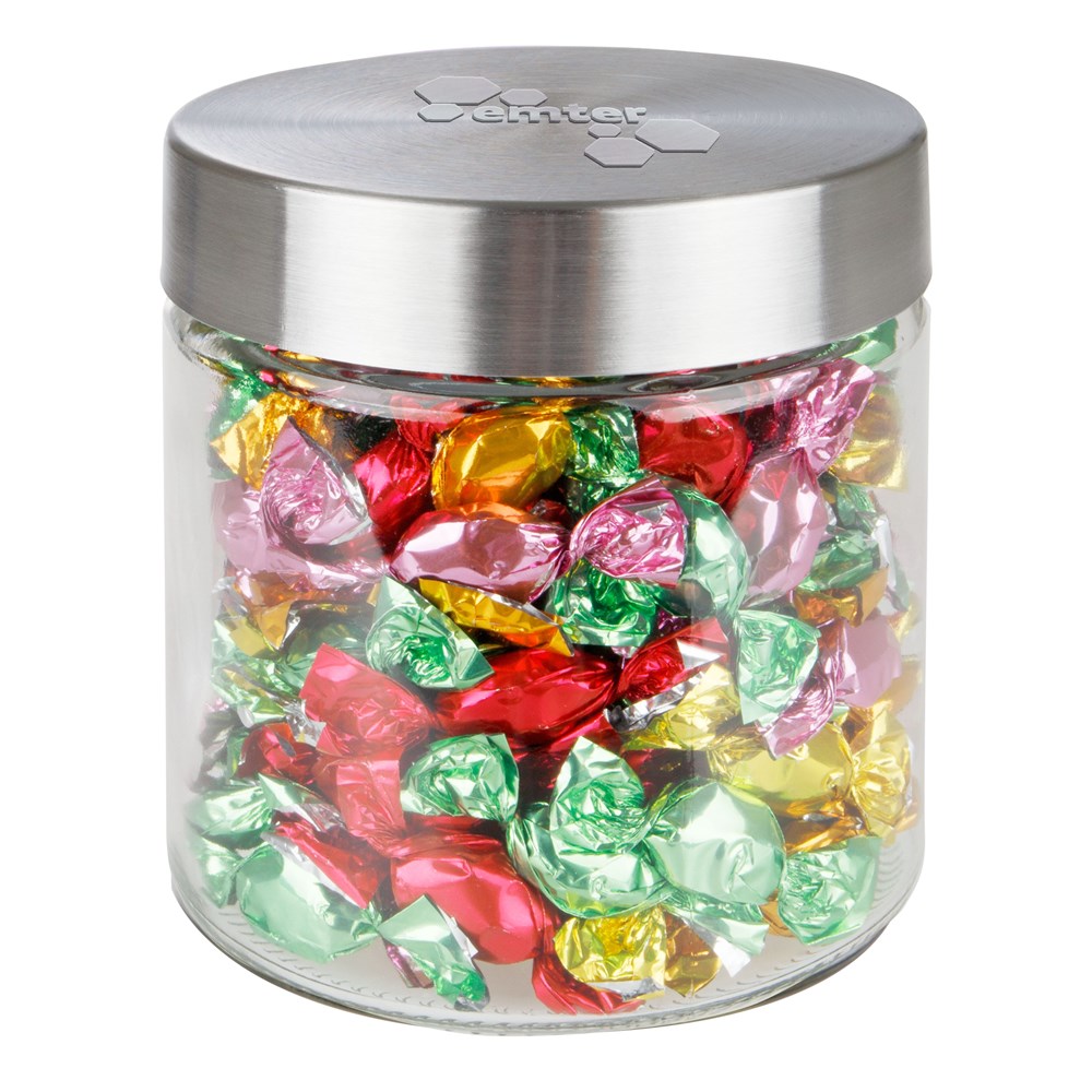 Glazen pot 0,9 liter met embossing, gevuld met snoep