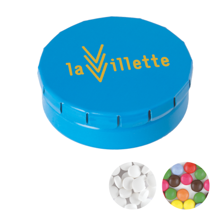 Rond click clack blik (Ø 45 mm) standaard gevuld met DutchDex dextrose mints