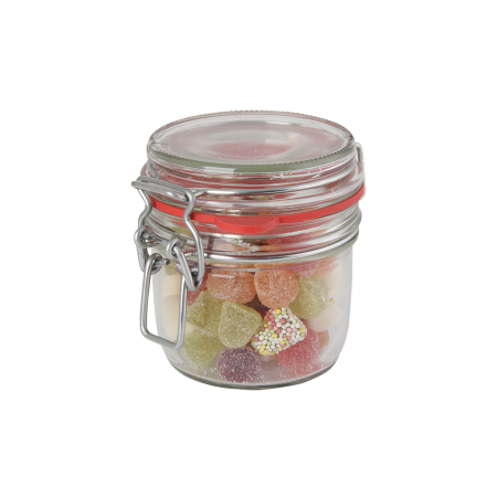 Glazen weckpot 255 ml., met divers Europees snoep