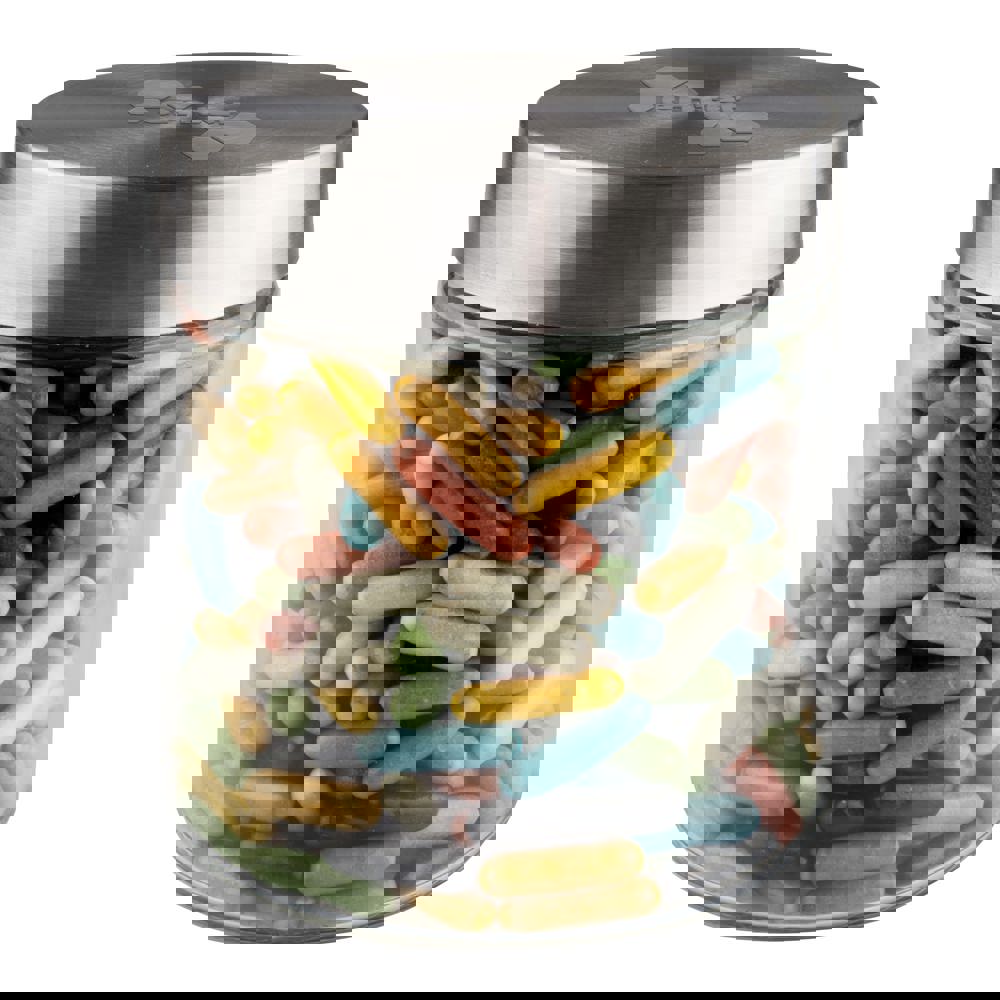 Glazen pot 0,9 liter met embossing, gevuld met snoep