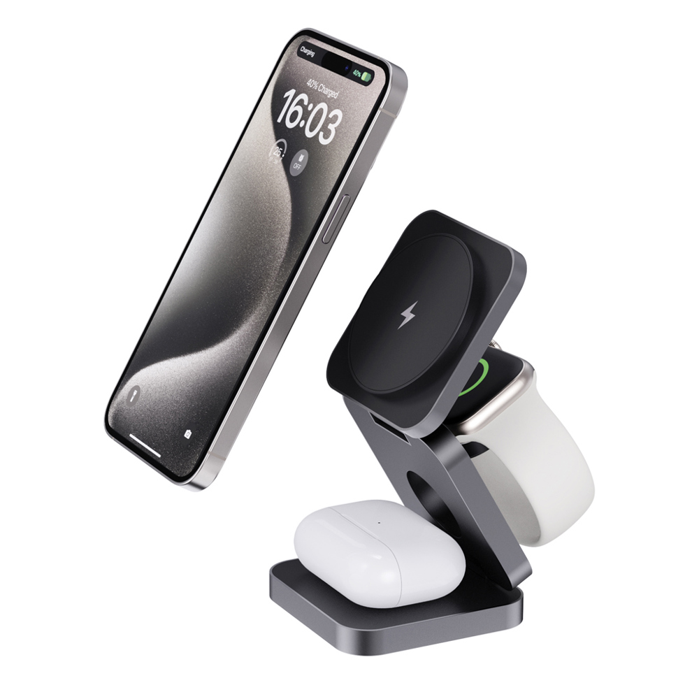 Terra RCS gerecycled aluminium opvouwbare 3 in 1 15W oplader