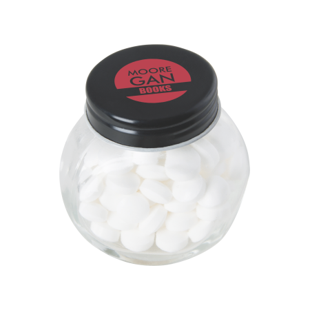 Kleine glazen pot gevuld met ca. 40 gr. mints gekleurd deksel