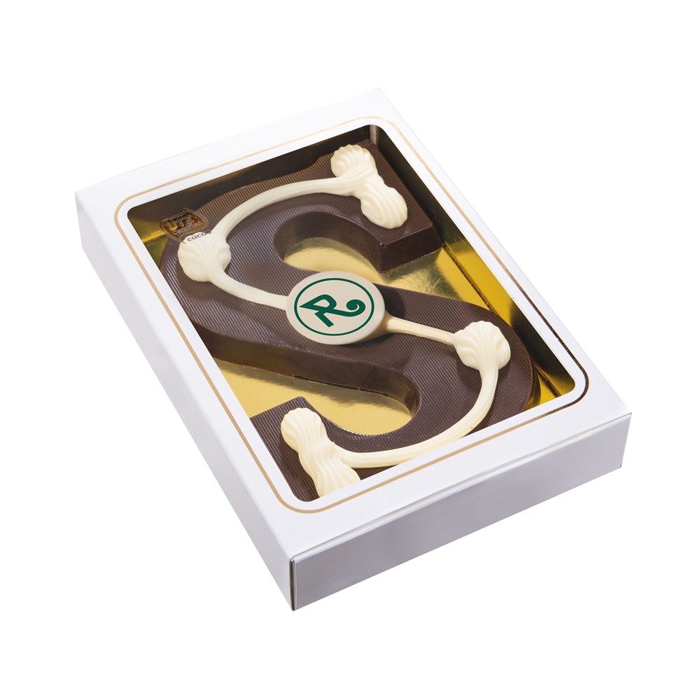 Sinterklaasletter "S" pure chocolade 200 gram met logo plaatje