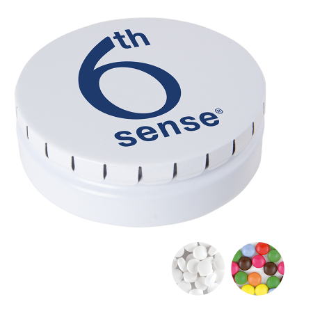 Rond click clack blik (Ø 75 mm) standaard gevuld met DutchDex dextrose mints.