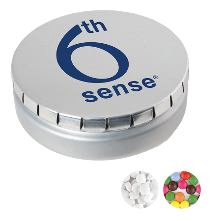 Rond click clack blik (Ø 75 mm) standaard gevuld met DutchDex dextrose mints.