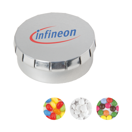 Rond click clack blik (Ø 53 mm) standaard gevuld met DutchDex dextrose mints.