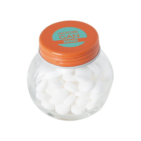 Kleine glazen pot gevuld met ca. 40 gr. mints gekleurd deksel