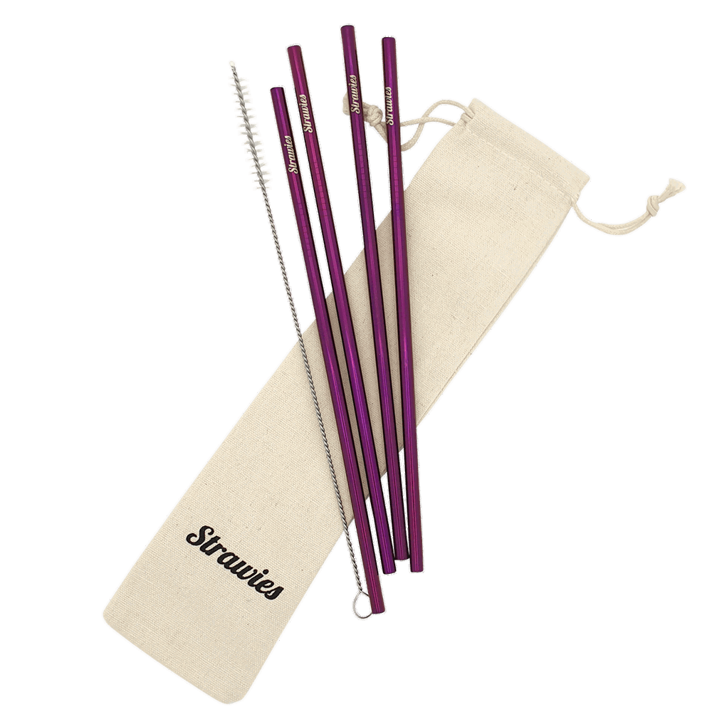 4 paarse Strawies™ + zakje + borstel + tuitjes