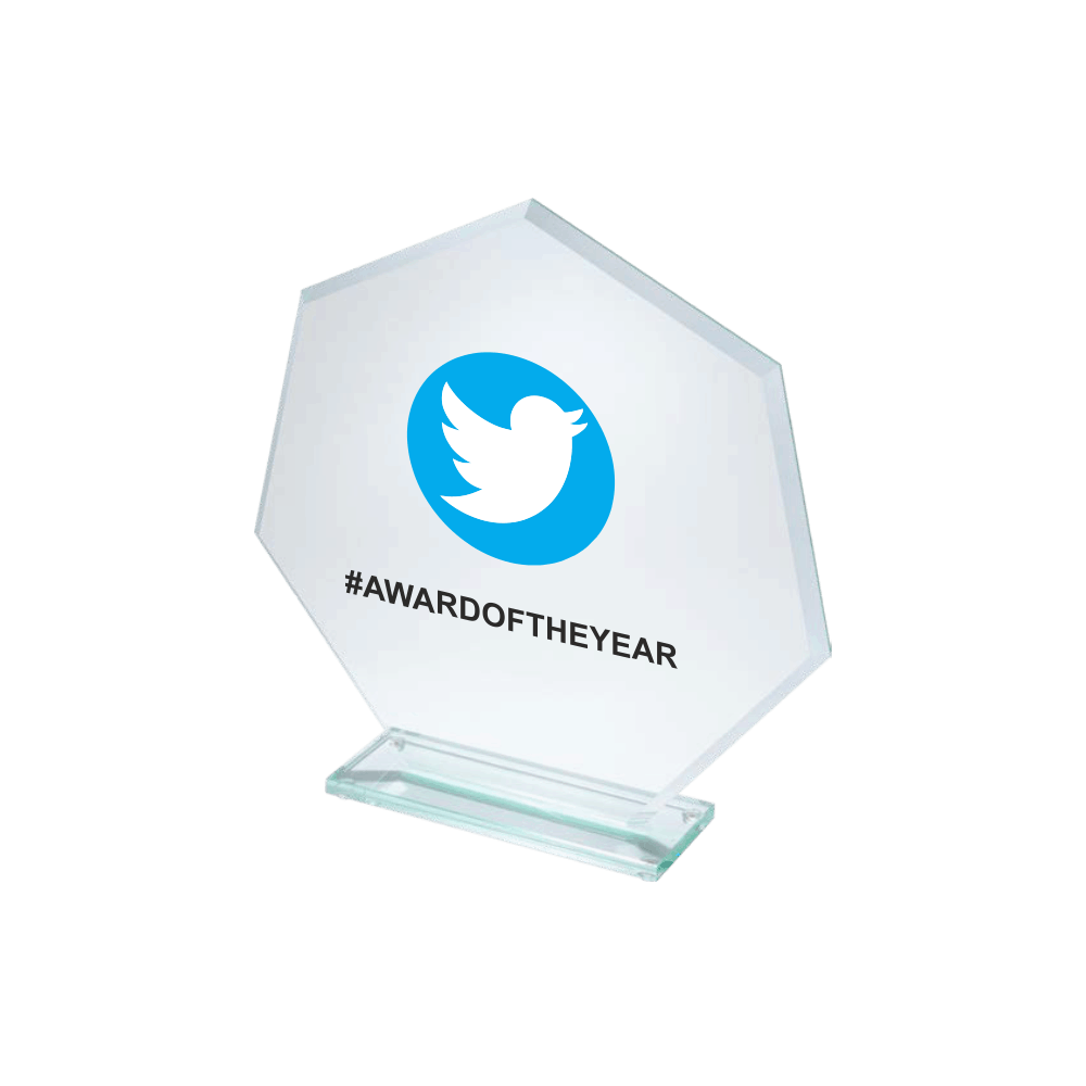 Glazen awards trofeeën bedrukken met logo