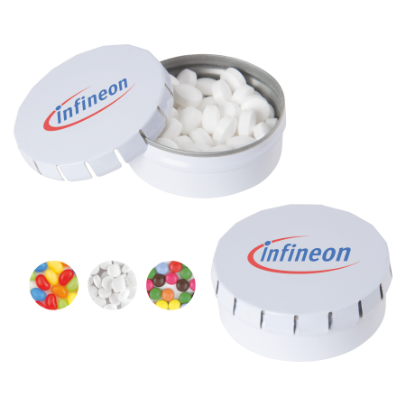 Rond click clack blik (Ø 53 mm) standaard gevuld met DutchDex dextrose mints.